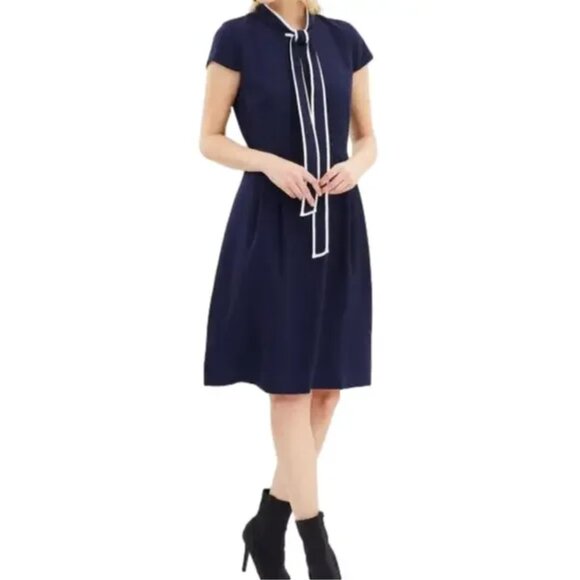 J.Crew 2P White Trim Bow Navy Dress - Office - Mid- Brunch Event Date night - Picture 3 of 11